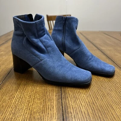 Markon Echona Blue Heeled Modern Square Toe Women Ankle Booties Size 8.5 M Suede - Image 1 of 4