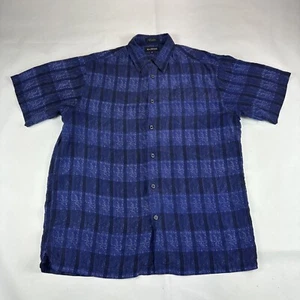 Marc Edwards Silk Shirt Mens M Blue Short Sleeve Button Up Check Plaid Hawaiian - Picture 1 of 5