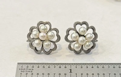 Antique Mikimoto Sterling Silver Flower Pearl Earrings Cultured Pearl - image 1 of 3