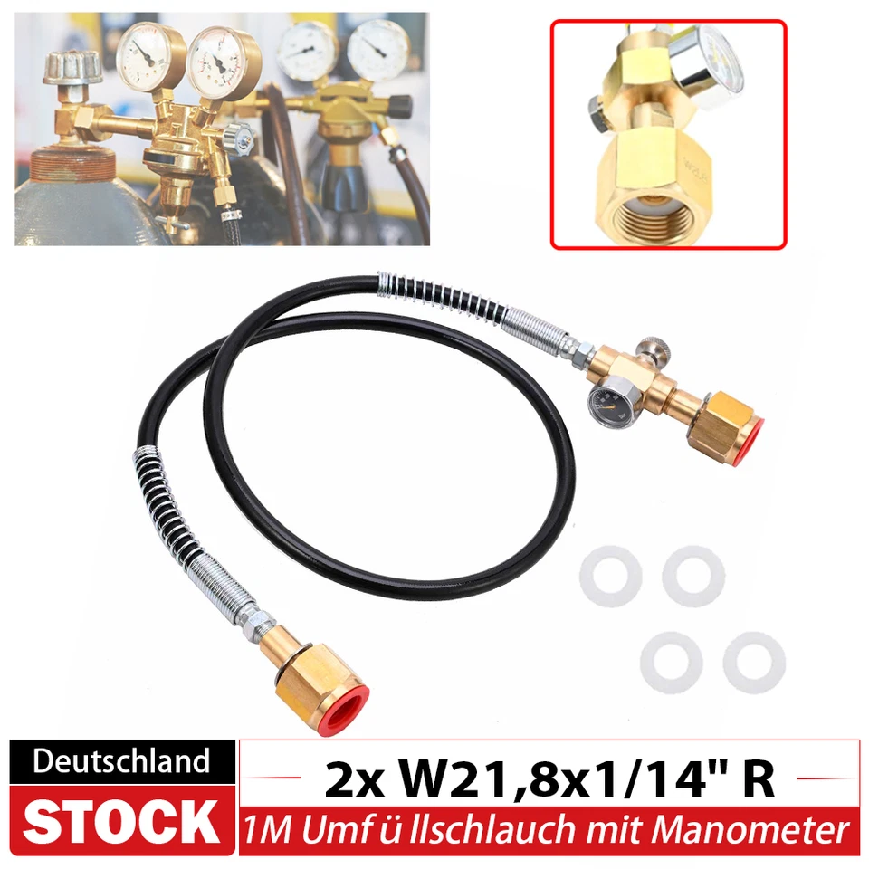 KE-AUTOPARTS® Gasumfüllschlauch 1 m für Argon / CO2 Gewinde W21,8 x 1/14" mit Manometer