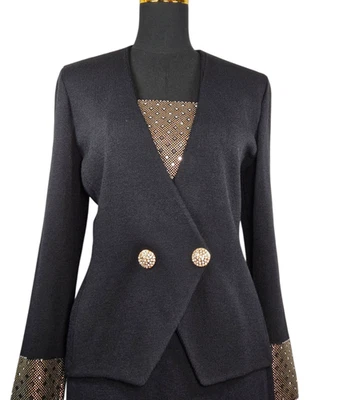 Conjunto de traje falda plisada tejida gris azul negro St John Evening Marie talla 10 cristal  Foto 1 de 4