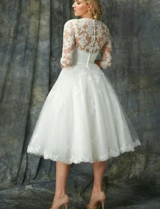 Wadenlang A-Linie Brautkleider Spitze Applikation Langarm Vintage Brautkleid - Bild 1 von 10