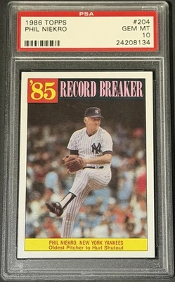 1986 Topps #204 Phil Niekro Record Breaker PSA 10 GEMA COMO NUEVO Yankees Salón de la fama Pop 19 Foto 1 de 3