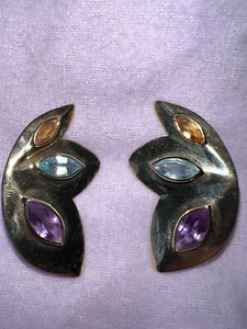 Vintage Retro 80s Estate Ladies 14K Yellow Gold Tri-Gemstone Post-back Earrings - Picture 1 of 17