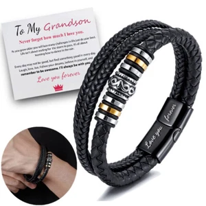 To My Grandson PU Leather Bracelet Bangle Wristband with Card, Gift for Grandson - Picture 1 of 9