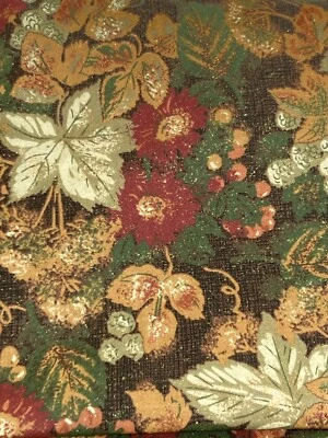 VTG Fabric Traditions Brown Leaves Berries Glitter Maroon Flowers 3-3/4Y x 44"W - Image 1 of 3