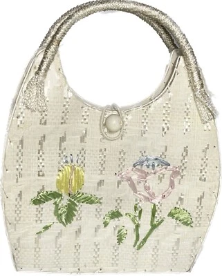 Cartera Bolso Tejido Paja Rafia De Colección Niñas con Flores Bordadas Cubierta de Plástico Foto 1 de 4