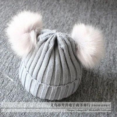 **Newborn Baby Double Pom Pom Hat Bobble Beanie Knitted Warm Winter Boy Girl Cap - Image 1 of 4