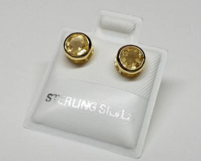 PENDIENTES BISEL PLATA ESTERLINA 925 GENUINA ORO 18K CITRINO 6mm Nuevo Foto 1 de 4