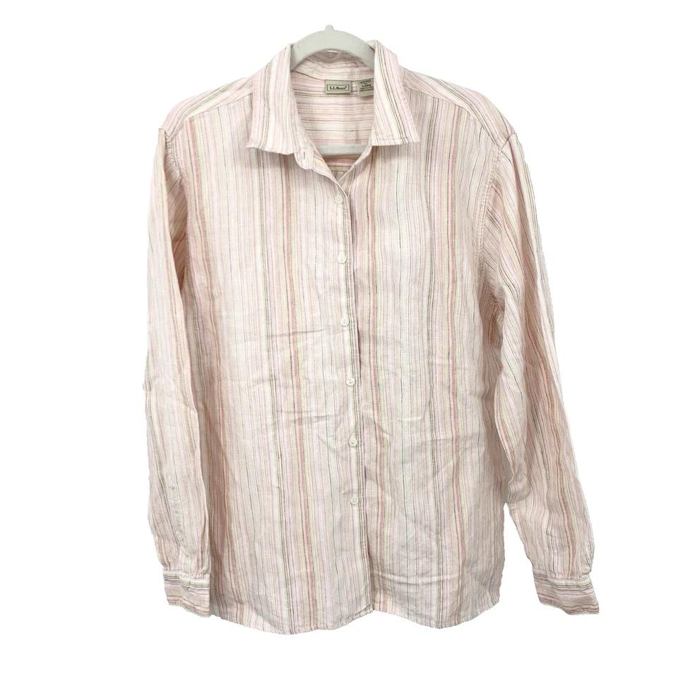 Camisa feminina LL Bean tamanho XL com botões 100% linho listrada rosa manga longa - Imagem 1 de 4