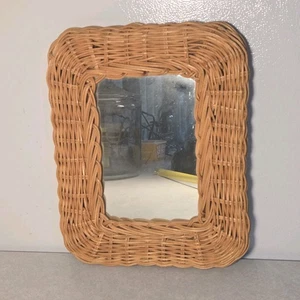 Wicker Mirror Vintage Mounting Hooks Wall Mirror Natural Wood Frame BoHo - Picture 1 of 5