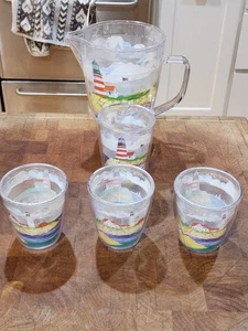 Coastal Lighthouse Pitcher & 4 Tumbler Glasses Set Nautical Beach Theme Plastic - Picture 1 of 7