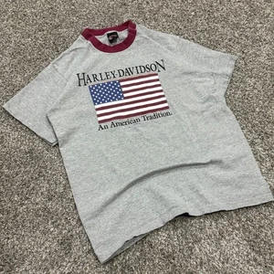 Vintage 90s Harley Davidson Single Stitch TShirt Mens L Gray American Flag USA - Picture 1 of 6