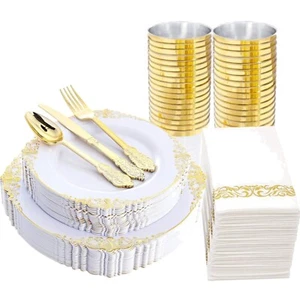 Plastikteller Besteck Geschirrset 175 Teile Gold Weiß Hochzeit Party - Bild 1 von 10