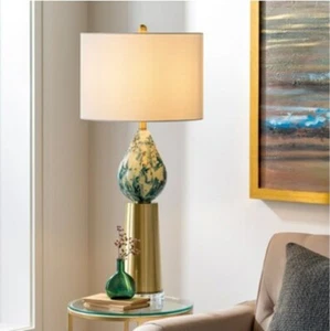 RNN-001 Surya Rosanna 35" Gold/Aqua 3-Way Table Lamp w/ Linen Shade NIB! - Picture 1 of 5