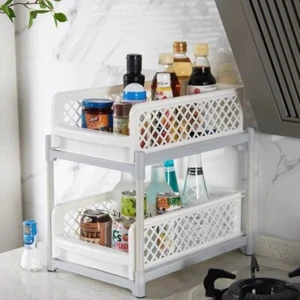 2 Tier Sliding Basket Under Sink Kitchen Cabinet Plastic Pull Out Basket Storage - Picture 1 of 5