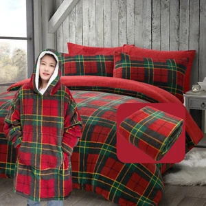 Rot Teddy Tartan Fleece Bettdecke Quilt Cover Set Bettwäsche Überwurf Kuscheln Hoodies - Bild 1 von 9