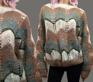 Vintage 70s Hand Knit Mohair Wool Sweater Size M loose Knit Chevron Cream Brown - Picture 1 of 8