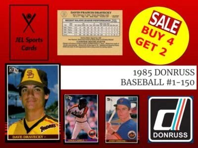 1985 DONRUSS BASEBALL CARDS #1-150~COMPLETE YOUR SET~YOU PICK~BUY 4 GET 2 - Image 1 of 2
