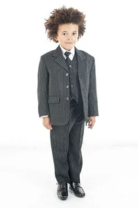 Boys Black Suit Pinstripe 5 Piece Wedding Page Boy Formal Party (0-3 - 14 yrs) - Picture 1 of 4