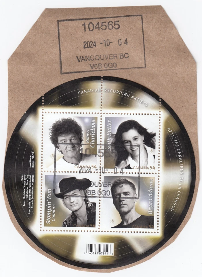 Canada: #2333 RECORDING ARTISTS Souvenir Sheet S/S VF Used (on piece) - Image 1 of 1