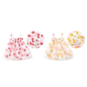 Baby Girl Dress Sweet Strawberry Elastic Suspender Girl Kids Dress With Hat - Picture 1 of 20