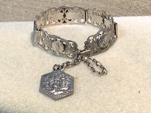 FAMILY ESTATE PIECE* RARE ANT.SEGMENTED FRENCH SILVER CATHOLIC SAINTS BRACELET - Picture 1 of 21