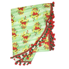 Vintage Christmas Tablecloth Tassel Fringe Bells Red Green Oval Kitsch Holiday