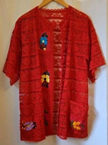 VTG Retro 70s Red Lace Open S/S Vest Embroidered Flowers Pockets Multicolor F108 - Picture 1 of 7