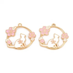 5 hübsche Katze & Blumen goldfarbene Charm Anhänger mit Emaille Detail - Bild 1 von 2