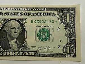 Star note B06922476* Rare Mint 2013 New York B $1 One Dollar Bill duplicate Lot2 - Picture 1 of 10