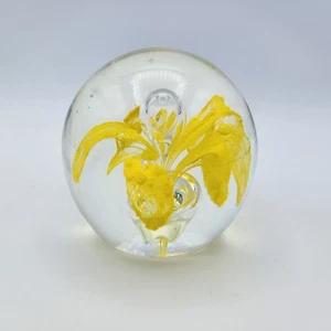 Vtg Hand-Blown Art Glass Paperweight Yellow Flower Air Bubbles - Picture 1 of 8
