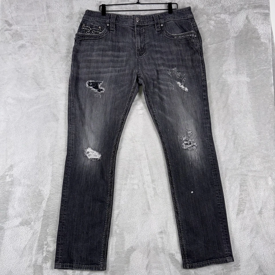 Pantalones de mezclilla Rock Revival “Steven” rectos para hombre 38 X 33 negros desgastados punto grueso Foto 1 de 4