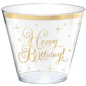 Gold Happy Birthday 9 oz Plastic Tumblers 30 Pack Party Birthday Party Tableware - Picture 1 of 1