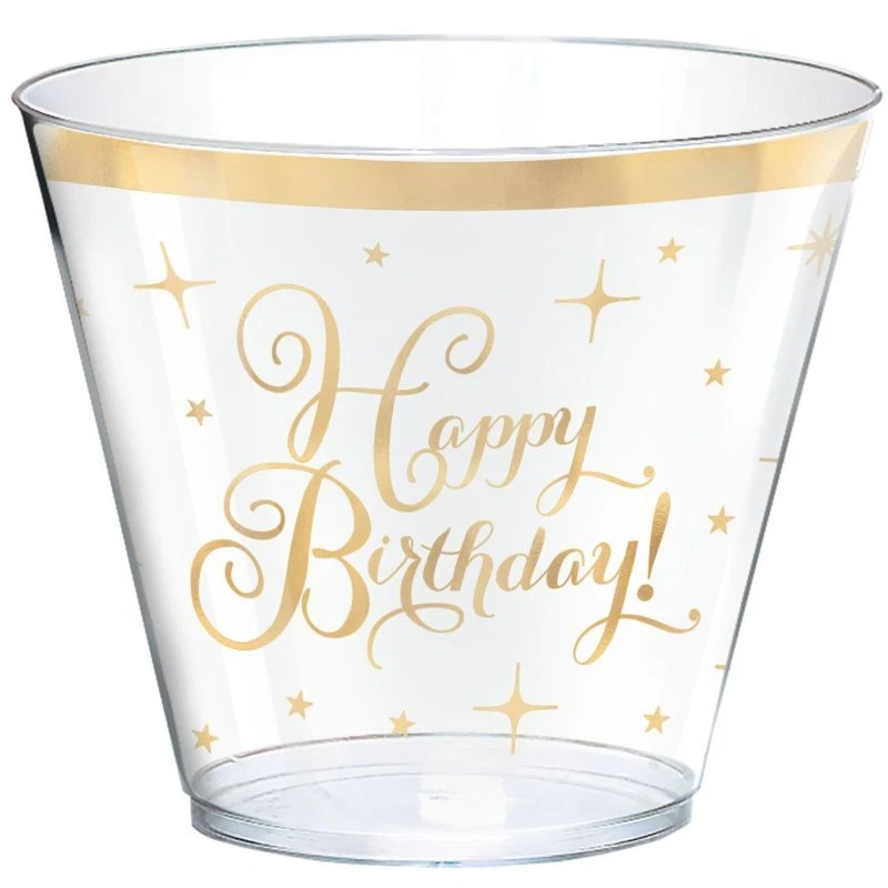 Gold Happy Birthday 9 oz Plastic Tumblers 30 Pack Party Birthday Party Tableware - Image 1 of 1