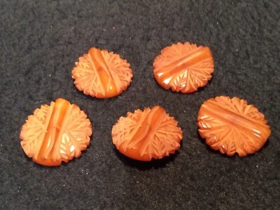 Vintage Carved Applejuice Butterscotch Bakelite Buttons(5) - Image 1 of 4