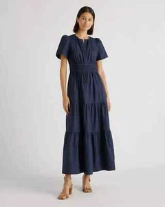 Quince Navy Blue Organic Cotton Tiered Maxi Dress sz M Women's Pockets Poplin - Picture 1 of 4