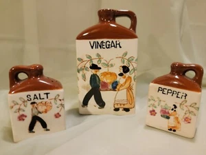 Vintage Japan Asian Stoneware Vinegar Jar Salt & Pepper Shaker Set man woman - Picture 1 of 11