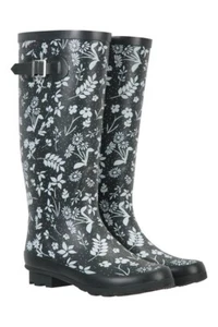 NWT Mountain Warehouse Women’s Tall Blk Wht Rain Boots US 8 Floral Print Wellies - Picture 1 of 11