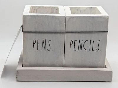 NEW Rae Dunn Wooden Pen and Pencil Holder with Base Tray White Wash Color - Image 1 of 4
