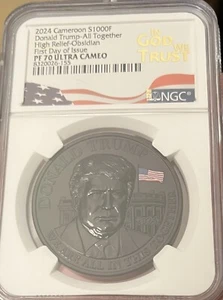 2024 NGC PF70 Cameroon 1000F 1oz Silver Proof Obsidian Donald Trump UCAM FDOI - Picture 1 of 3