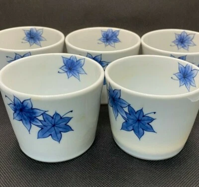 Japan Kiyomizu-ware pottery tea cup cha yunomi blue maple Kyoto 5pcs Z003 - Image 1 of 4