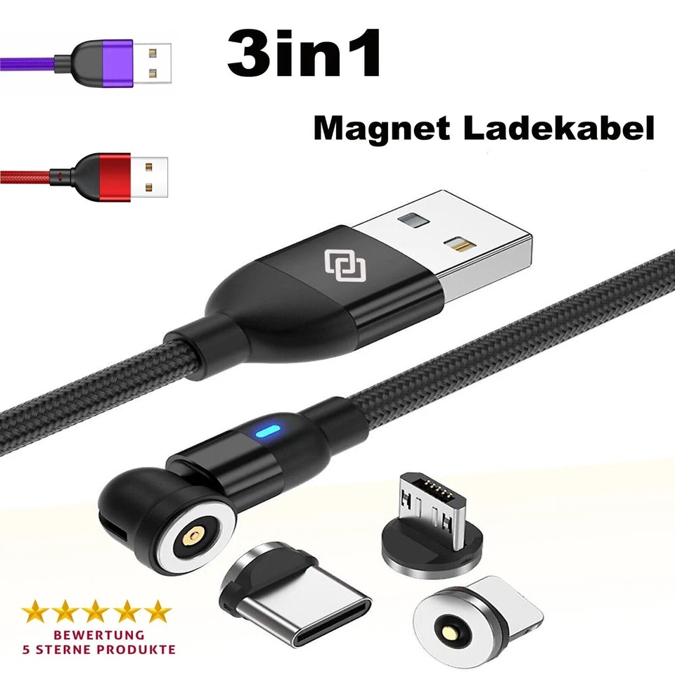 3in1 Magnet Ladekabel Universal Handy für iPhone Samsung Micro USB C Typ C - Bild 1 von 1