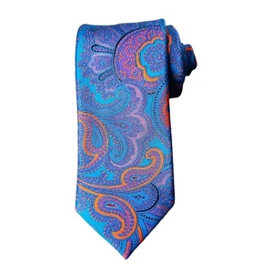 NEW $135 Edward Armah Men's 100% Silk Designer Paisley Necktie Blue/Orange USA - Picture 1 of 7