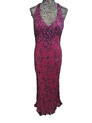 Pre-Own Adrianna Papell Sequins Halter Silk Dress/Gown Maroon Size 10 - Image 1 of 4
