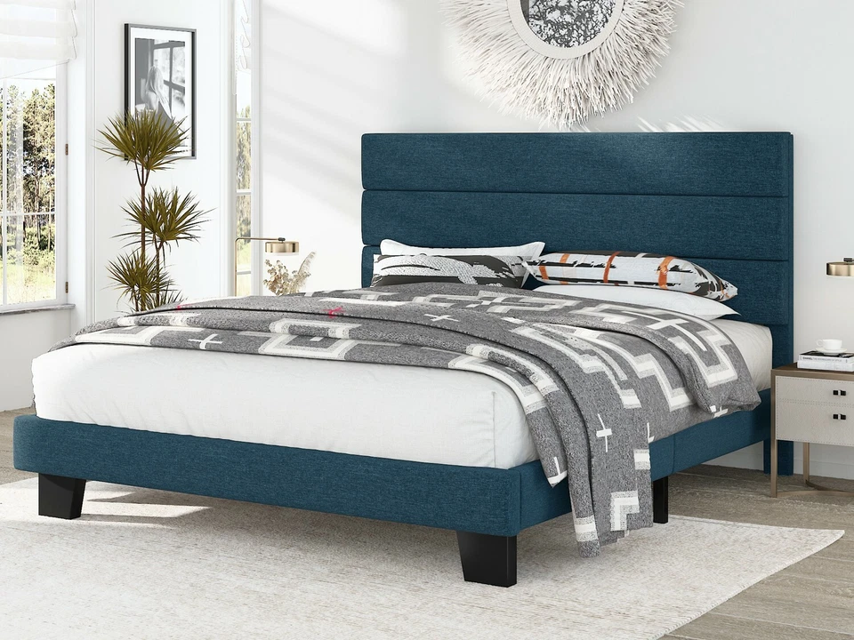 Sifurni King Size Fabric Upholstered Platform Bed Frame with Headboard, Blue - Image 1 of 4