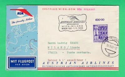 Austrian Airlines Vienna Rome via Milan 1960 first flight cover aviation FFC - Image 1 of 4