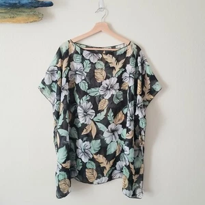 TROPICAL Floral Semi Sheer Tunic Top XL Bat Wing Boho Chic Blouse Multicolor EUC - Picture 1 of 8
