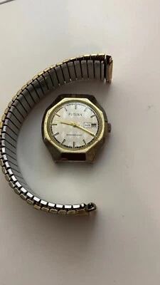 Used Gold Futura Wristwatch,~30mm face diameter, 18mm lug diameter. need service - Image 1 of 4