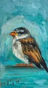 Original Oil Painting Bird Sparrow Collectible Landscape ART Signed 7x4 in - Picture 1 of 7
